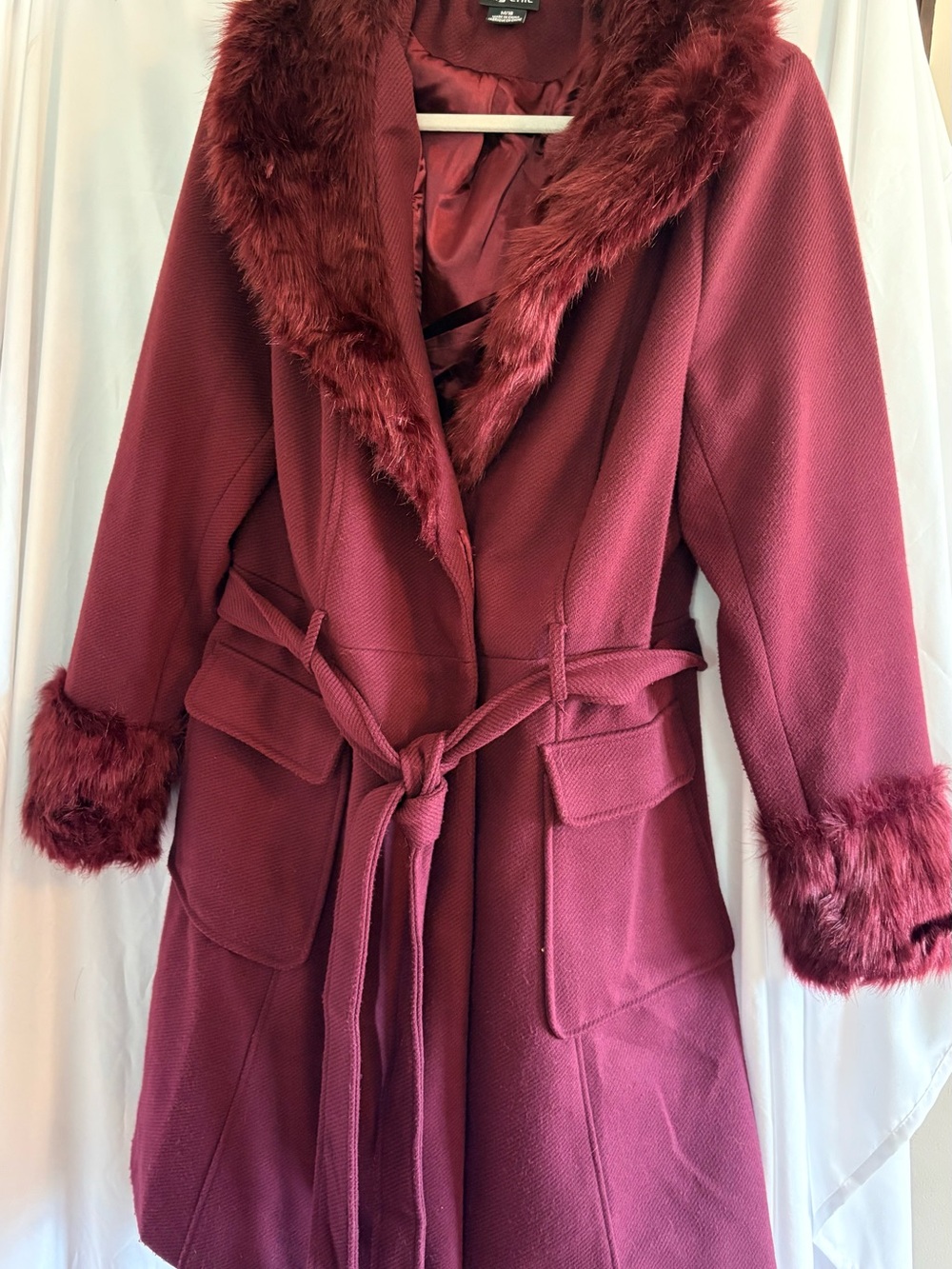 City Chic Burgundy Faux-Fur Trim Coat